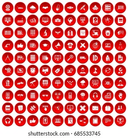 100 education technology icons set in red circle isolated on white vectr illustration