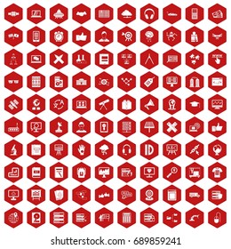 100 education technology icons set in red hexagon isolated vector illustration