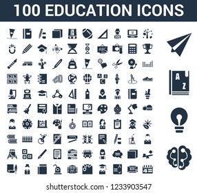 100 Education universal icons set with Brain, Light bulb, Dictionary, Paper plane, Autumn, Chalkboard, Exam, Uniform, School