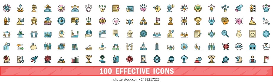 100 effective icons set. Color line set of effective vector icons thin line color flat on white