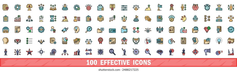 100 iconos efectivos. Conjunto de línea de color de iconos vectoriales efectivos línea fina de color plana en blanco