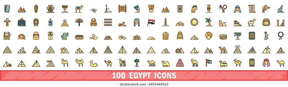 Conjunto de 100 iconos de egipto. Conjunto de línea de color de iconos vectoriales de egipto línea fina de color plana en blanco