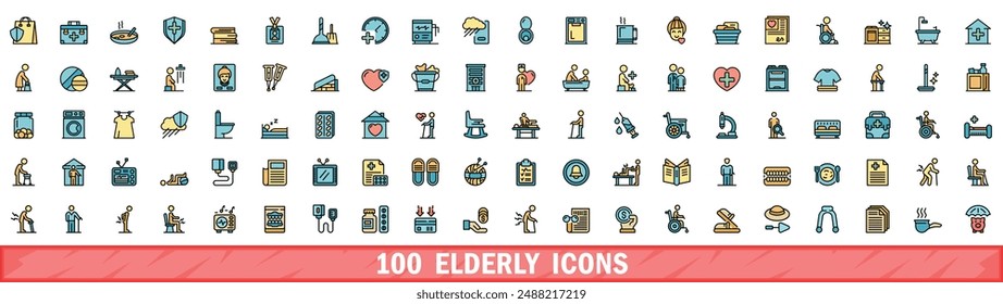 100 ältere Icons gesetzt. Farbliniensatz älterer Vektor-Symbole Dünne Linie Farbe Flach auf Weiß