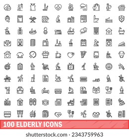 100 elderly icons set. Outline illustration of 100 elderly icons vector set isolated on white background