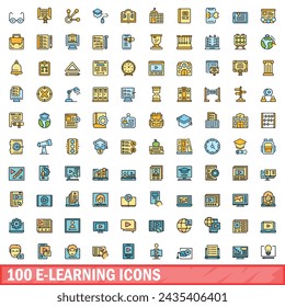 Conjunto de 100 iconos de e-learning. Conjunto de línea de color de iconos vectoriales de e-learning línea fina de color plana en blanco