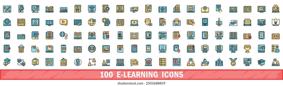 100 e-learning icons set. Color line set of e-learning vector icons thin line color flat on white