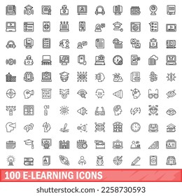 100 e-learning icons set. Outline illustration of 100 e-learning icons vector set isolated on white background