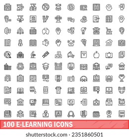 100 e-learning icons set. Outline illustration of 100 e-learning icons vector set isolated on white background