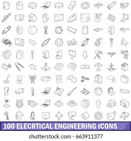 100 electrical engineering icons set in outline style for any design vector illustration
