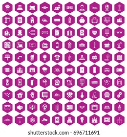 100 electrical engineering icons set in violet hexagon isolated vector illustration