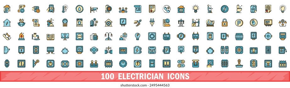 Conjunto de 100 iconos de electricista. Conjunto de línea de color de iconos vectoriales electricistas línea delgada color plana en blanco