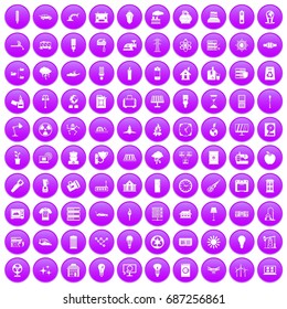 100 electricity icons set in purple circle isolated on white vector illustration