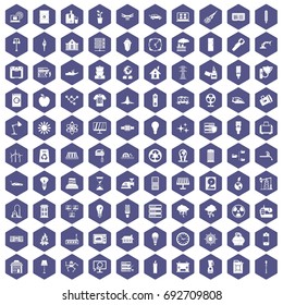 100 electricity icons set in purple hexagon isolated vector illustration
