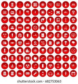 100 electricity icons set in red circle isolated on white vector illustration