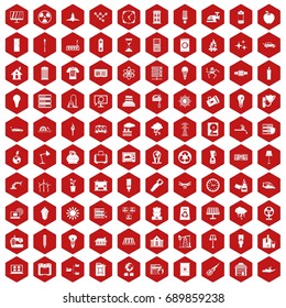 100 electricity icons set in red hexagon isolated vector illustration