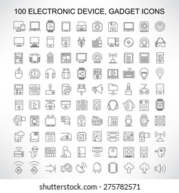 100 electronic device icons, gadget, computer, smart phone, tablet, camera, smart watch, and network icons, thin line icons