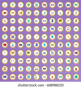 100 electronic device icons set in cartoon style on purple background vector illustration