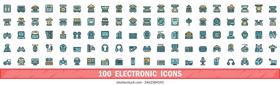 100 electronic icons set. Color line set of electronic vector icons thin line color flat on white