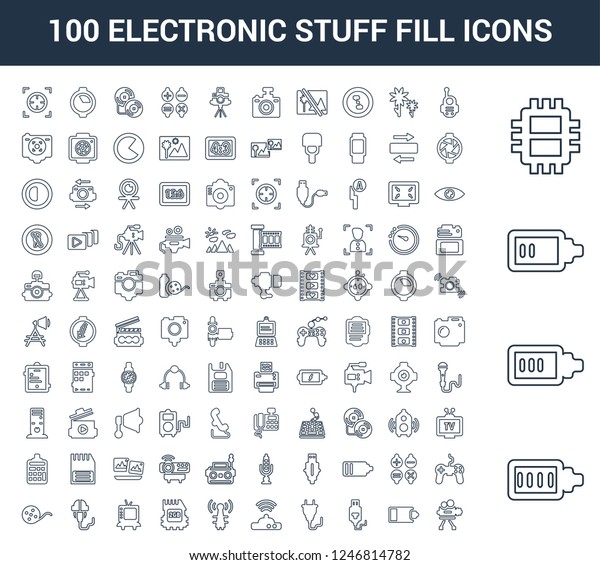 100 Electronic Stuff Fill\
universal linear icons set with Full Battery, Battery Almost Full,\
Low Chip, Walkie talkie, Half USB Connection, Plug, Wifi Modem,\
Antenna