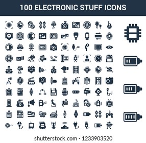 100 Electronic Stuff universal icons set with Full Battery, Battery Almost Full, Low Chip, Walkie talkie, Half USB Connection, Plug, Wifi Modem, Antenna