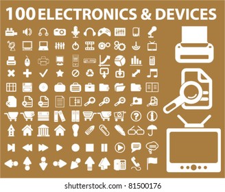 100 electronics icons, signs, vector illustrations