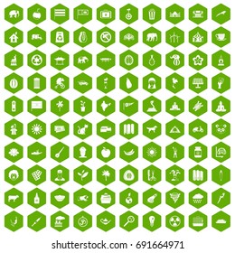 100 elephant icons set in green hexagon isolated vector illustration