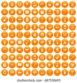 100 elephant icons set in orange circle isolated vector illustration