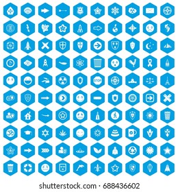 100 emblem icons set in blue hexagon isolated vector illustration