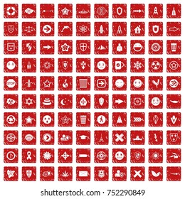 100 emblem icons set in grunge style red color isolated on white background vector illustration