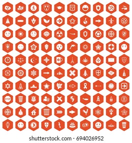 100 emblem icons set in orange hexagon isolated vector illustration