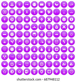 100 emblem icons set in purple circle isolated vector illustration