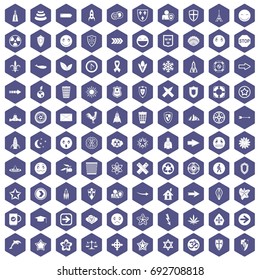 100 emblem icons set in purple hexagon isolated vector illustration
