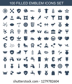 100 emblem icons. Trendy emblem icons white background. Included filled icons such as football t shirt, flag, sport t shirt number, medal, shield. emblem icon for web and mobile.