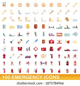 100 emergency icons set. Cartoon illustration of 100 emergency icons vector set isolated on white background