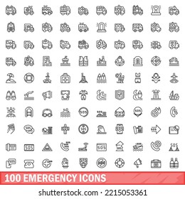 100 emergency icons set. Outline illustration of 100 emergency icons vector set isolated on white background
