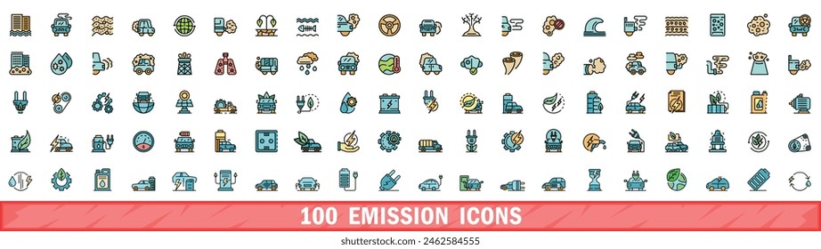 100 emission icons set. Color line set of emission vector icons thin line color flat on white