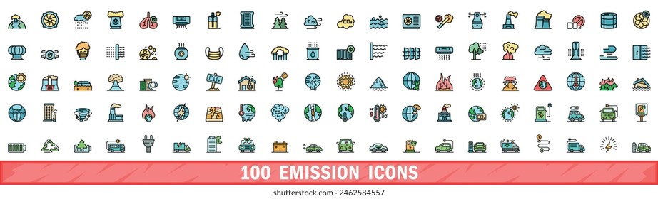 100 emission icons set. Color line set of emission vector icons thin line color flat on white