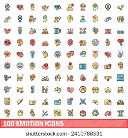 100 íconos emocionales. Conjunto de líneas de color de iconos vectoriales de emoción color de línea delgada plano sobre blanco