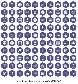 100 emotion icons set in purple hexagon isolated vector illustration