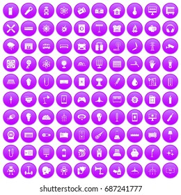 100 energy icons set in purple circle isolated on white vector illustration