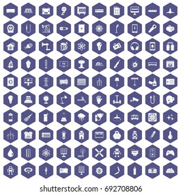 100 energy icons set in purple hexagon isolated vector illustration