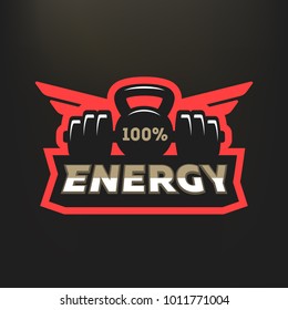 100% energy sports logo, on a dark background.