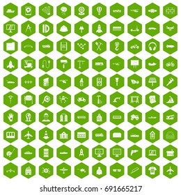 100 engineering icons set in green hexagon isolated vector illustration