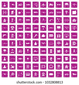 100 engineering icons set in grunge style pink color isolated on white background vector illustration