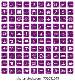 100 engineering icons set in grunge style purple color isolated on white background vector illustration
