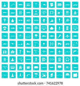100 engineering icons set in grunge style blue color isolated on white background vector illustration