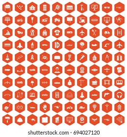 100 engineering icons set in orange hexagon isolated vector illustration