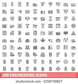 100 Ingenieursymbole gesetzt. Outline-Illustration von 100 Ingenieursymbolen, Vektorset einzeln auf weißem Hintergrund