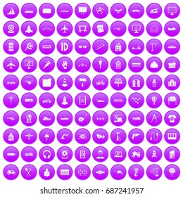 100 engineering icons set in purple circle isolated on white vector illustration