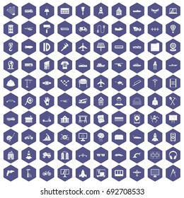 100 engineering icons set in purple hexagon isolated vector illustration